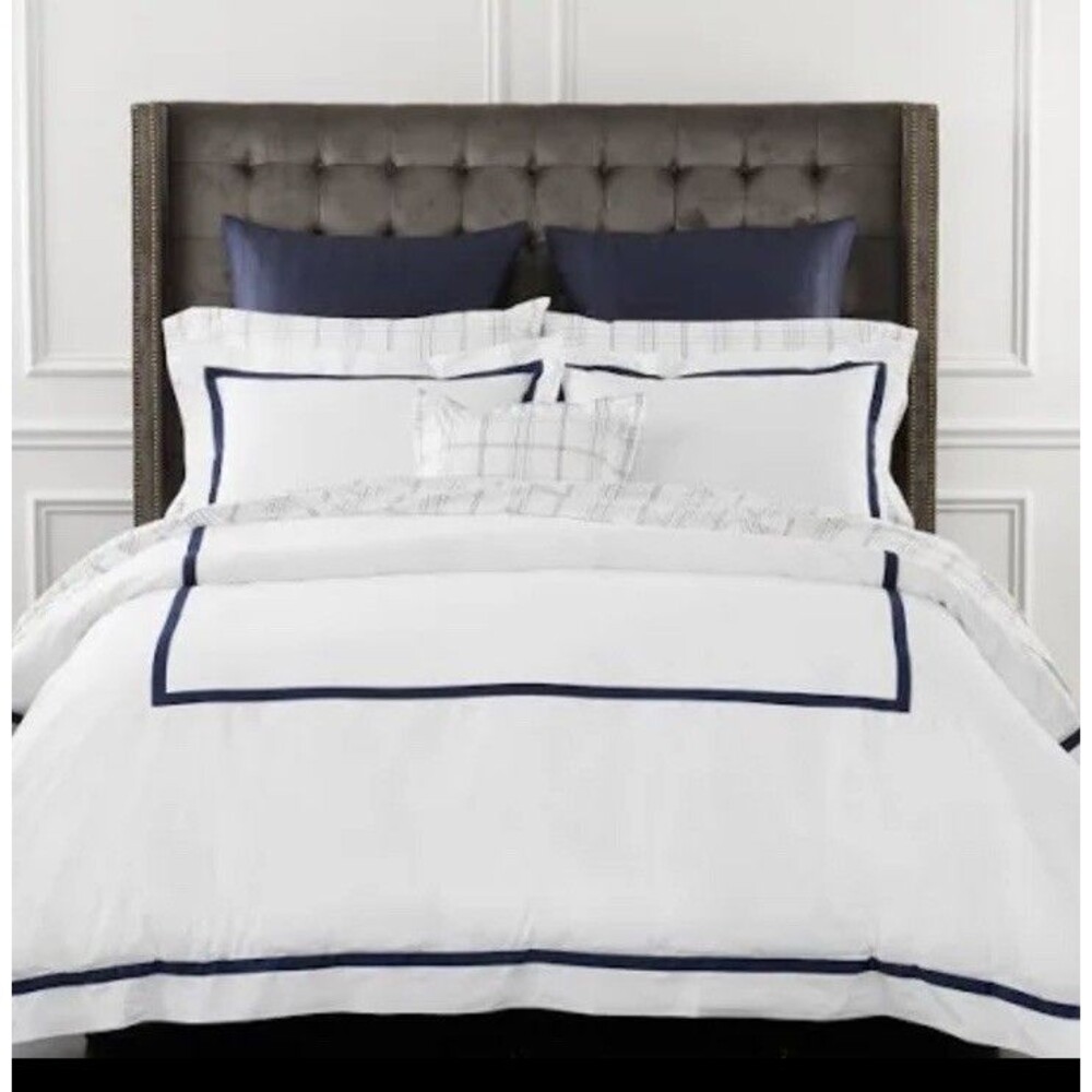 MATOUK LOWELL PERCALE KING DUVET COVER +  2 QUEEN SHAMS NAVY BLUE